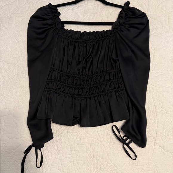 Topshop Tops - Topshop Black Smocked Peasant Blouse with Tie Cuffs